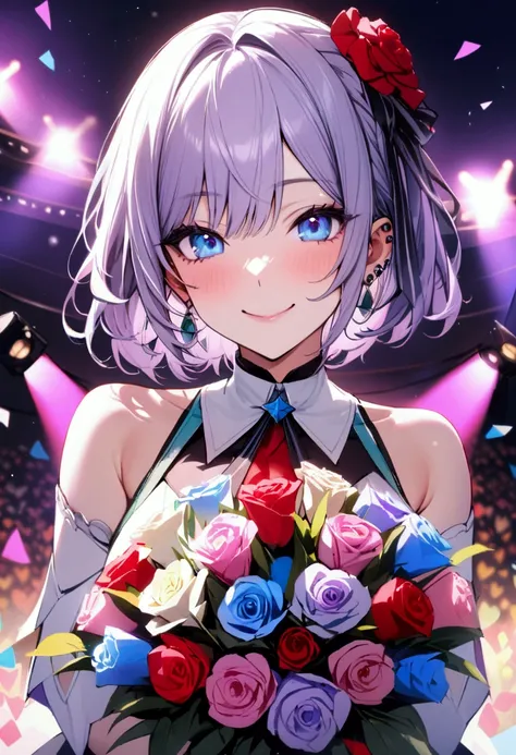 (masterpiece),(absurdres),(ultra detailed),(beautiful detailed),solo woman:1.1,(beautiful eyes, blue eyes, short hair, light purple hair, (middle breasts:0.8), ear piercing,(holding colorful bouquet:1.2),( Idol Costumes:1.1), live stage background ,smile,u...