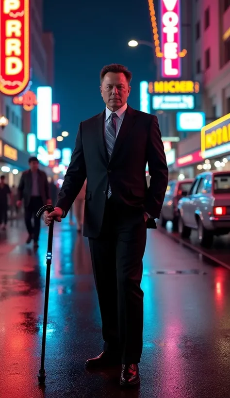 A bustling, neon-lit street in 1980s downtown Los Angeles at night, with glowing signs advertising diners, theaters, and motels, while rain-slicked pavement reflects vibrant colors. Elon Musk stands as a visionary and enigmatic mafia boss in the foreground...