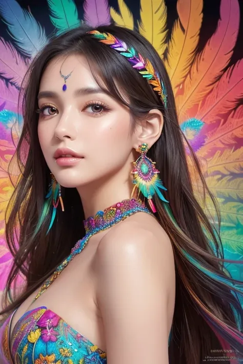 (( fractal art )),((masterpiece, top quality , very detailed,  super high res , detailed background )),((( abstract background ))),( 1 girl),(( colorful )),flower,( Shiny Skin ),((Many colors)),( earrings for women with first name),feather