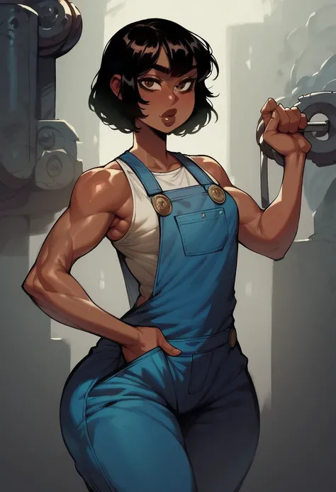 (best quality,masterpiece) slim thicc,1 woman, small breasts, jey black hair,dark brown skin,angular bob haircut, brown eyes, wide hips, big butt, toned arms,mechanic girl, overalls, jumpsuit, thick lips