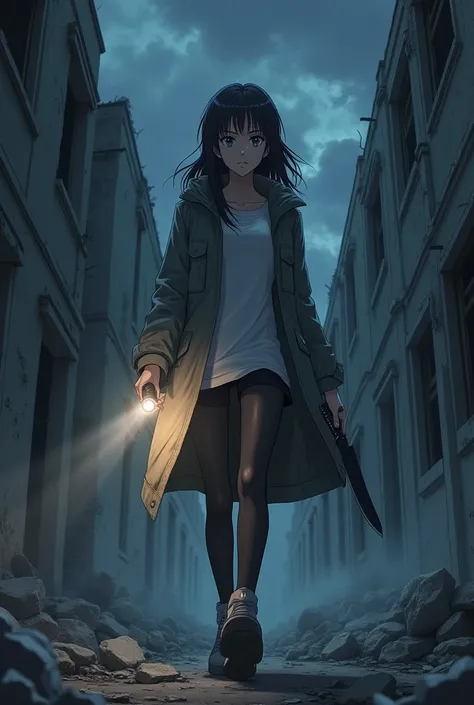 A woman in a gray parka with white shirt inside, stands in the center and holding a flashlight with her left hand while holding a survival knife in her right hand, anime art style, apocalypse, ruined building, night theme, cloudy atmosphere, side view body...