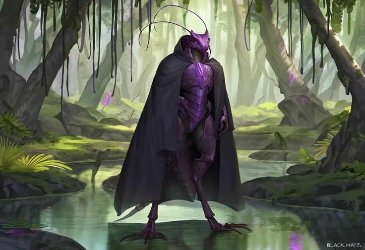 (Solo), anthro male mantis, black robes, detailed, best art, masterpiece, quality, newest, swamp background, mandibles, chitinous body, digitigrade, purple eyes, purple rune scars across his face and body