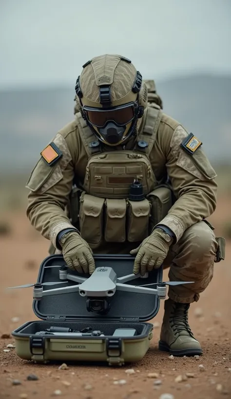 A soldier in modern combat gear kneeling, pulling the Switchblade 600 from a compact case. The scene highlights the portability of the drone while showing its seamless integration with a soldier’s equipment.