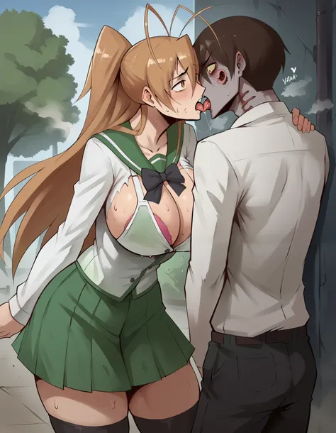 score_9, score_8_up, score_7_up, source_anime, (1girl, 1male zombie:1.1), reimiyamoto, rei miyamoto, long hair, brown hair, brown eyes, antenna hair, ponytail, skirt, school uniform, serafuku, zettai ryouiki, green skirt, bowtie, long sleeves, black thighh...