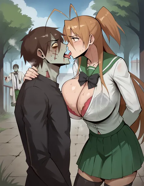 score_9, score_8_up, score_7_up, source_anime, (1girl, 1male zombie:1.1), reimiyamoto, rei miyamoto, long hair, brown hair, brown eyes, antenna hair, ponytail, skirt, school uniform, serafuku, zettai ryouiki, green skirt, bowtie, long sleeves, black thighh...