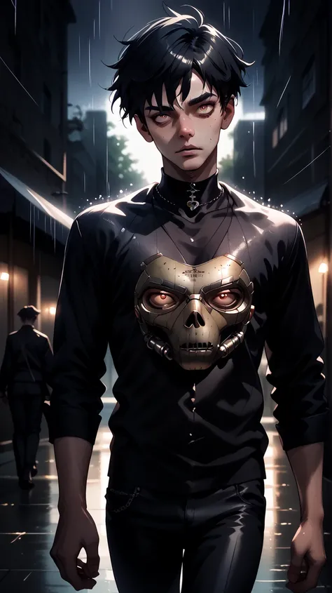   high quality,  8k Ultra HD, ( a tall 20-year-old man in Gothic fashion :  overcoat black and undershirt ,  black pants ,  black hair), He is wearing bioluminescent neutral-looking metal mask, Walking down a rainy night street . The area is dark ,  the at...