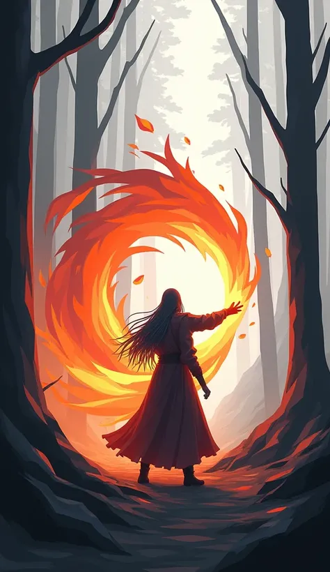  in the upper left corner of the screen, a back view of a wizard that emits fire magic made of gradated colored polygons, Clear, angular lines ,  minimally expressed forest landscape in black and white 、Life and Magic Gauge 