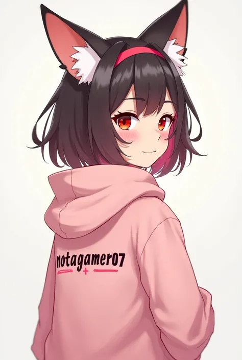 A gamer girl with fox ear and his age is 20 years and his back on the written notagamer07, and he wear a lite pink colour hoodie with wings