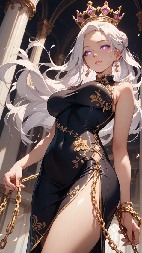 goddes, milf, standing, crown, long hair, white hair, purple eyes, glowing eyes, golden tight chain, black chinese dress, medium breasts, deep neckline, big ass, low-angle view