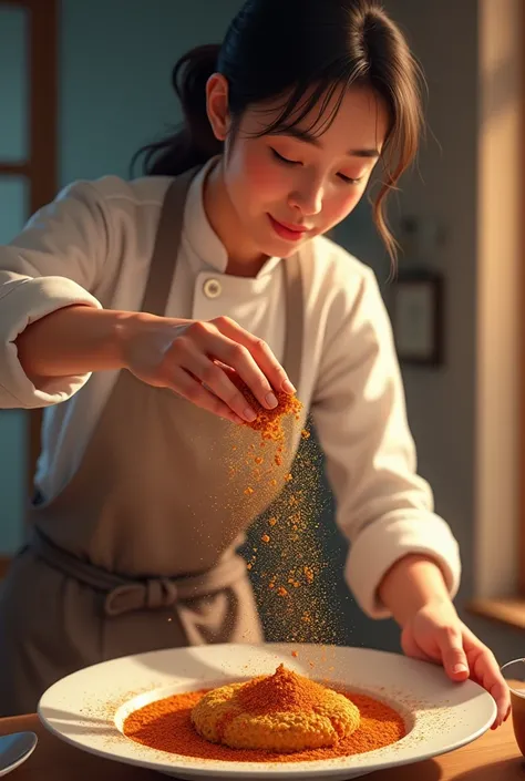 Create an image in the style of Makoto Shinkai A chef sprinkling a mix of spices onto a dish, with the spices illustrated as a delicate and enhancing touch.