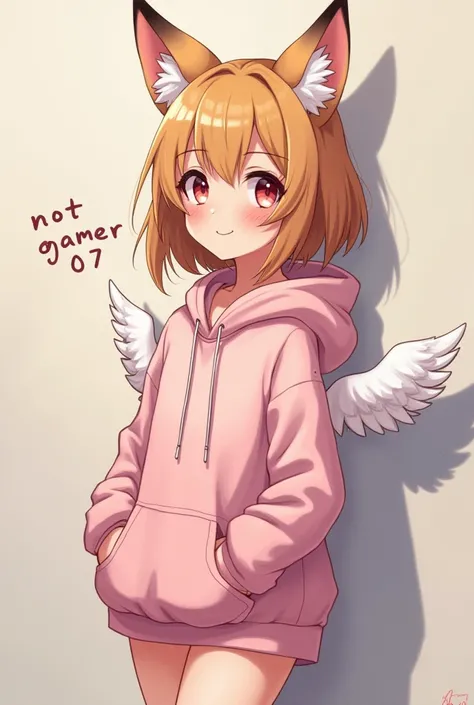 A gamer girl with fox ear and his age is 20 years and his back on thewall written notagamer07, and he wear a lite pink colour hoodie with wings