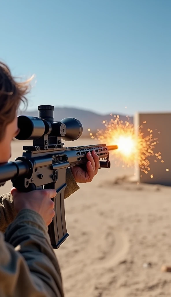 A .50 caliber Barrett M82A1 sniper rifle firing a shot at a distant target. The bullet is depicted piercing through layers of concrete with sparks and debris flying. The scene is set in a desert shooting range under a clear blue sky."