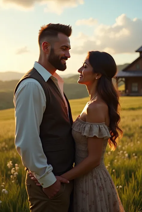 Handsome man with short beard and wife and  on a ranch