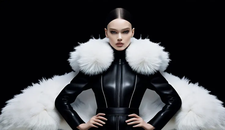 A futuristic Russian avant-garde style model with a high degree of realism, dressed in a fur coat made entirely of puffed black fabric that sway in the air in a futuristic image inspired by Balenciaga. a haughty, confident expression. The image captures a ...