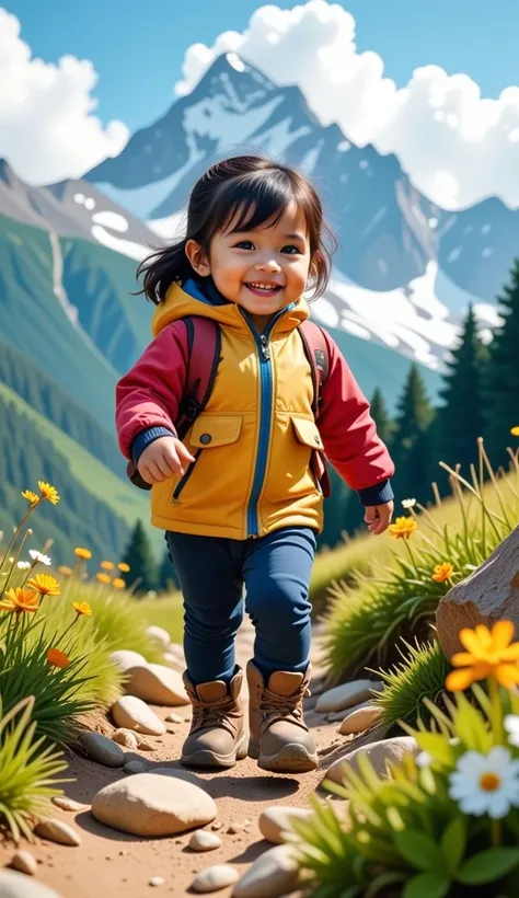 "Ultra-realistic 3D image of a cute Indian baby girl, smiling brightly while wearing a stylish hiking outfit, including a colorful jacket, comfy leggings, and sturdy hiking boots. She is walking along a scenic mountain trail, surrounded by lush greenery, r...