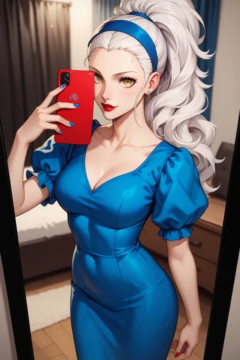 Margaret from persona 4, long platina/white hair in a long messy ponytail, yellow eyes, blue hairband, selfie,masterpiece, high quality, velvet room, blue dress, red lipstick