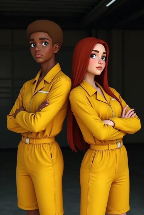  make a young black woman,  brown-eyed ,  straight dark red hair up to their shoulders ,  also do a young white man ,  green eyes,  light brown hair ,  they have their backs to each other , They have their arms crossed ,  they wear the same yellow uniform ...