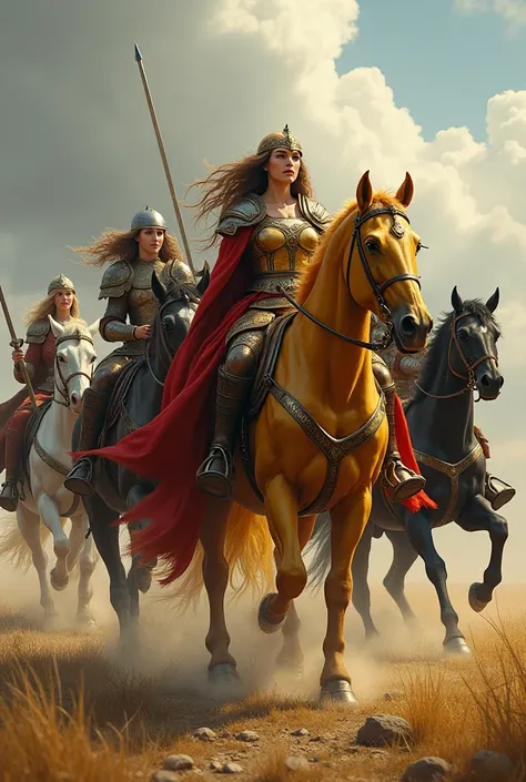 A golden horse ridden by an exuberant Valkyrie with a golden helmet, a black horse ridden by a dark warrior, a white horse ridden by a white viking woman, a fierce red horse ridden by a diabolical figure woman dressed in red, great detail, all horses going...