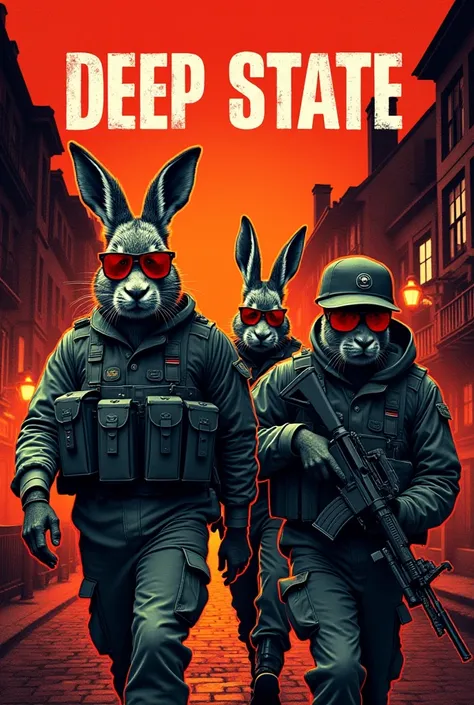 affiche style pop art sérigraphie filagramme avec en gros titre "DEEP STATE" avec armée de lapins aux lunettes rouge dans une ville en flamme
