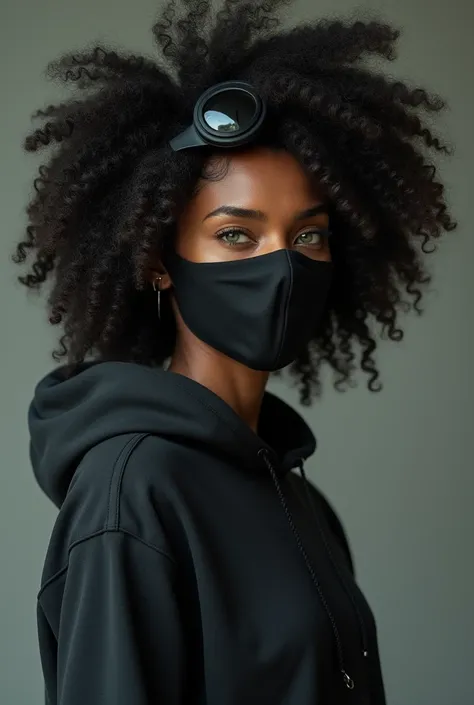 Imaginez une femme avec une chevelure afro noire volumineuse, pleine de texture et de vie. Elle porte un sweat à capuche, ample et confortable, dont la capuche est tirée sur sa tête, dissimulant une partie de ses cheveux. Un masque sombre couvre son visage...