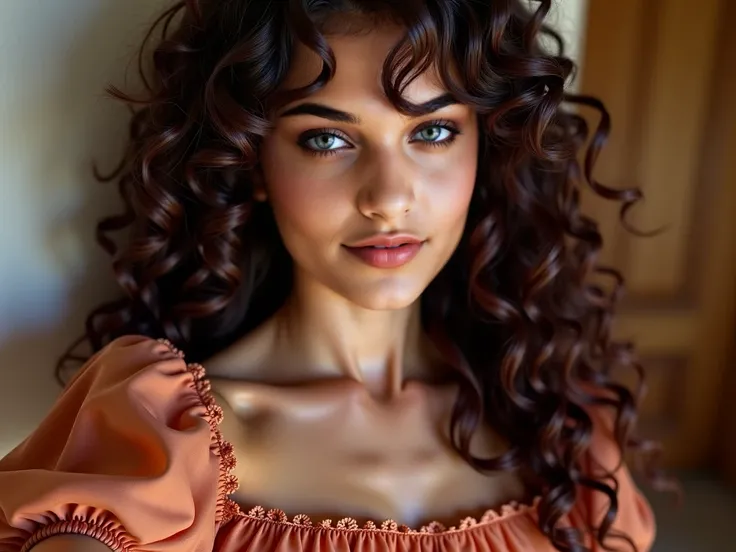 brunette woman,  curly hair, long, bulky, spiralling, hair dyed burgundy with black ,  A light and flowing cinnamon-colored midi dress, with flowery , cinnamon-colored crochet flowers . The fabric is chiffon ,  with puffy sleeves and a square neckline .  T...