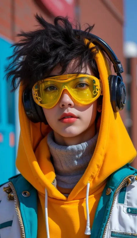 A stylish boy in his 20s. A vibrant and vibrant photo of street punk with a bold, futuristic aesthetic. Cyberpunk Street Warrior adds playful and rebellious energy with spikes and tubular black hair. It forms a dynamic focus by wearing oversized yellow gog...