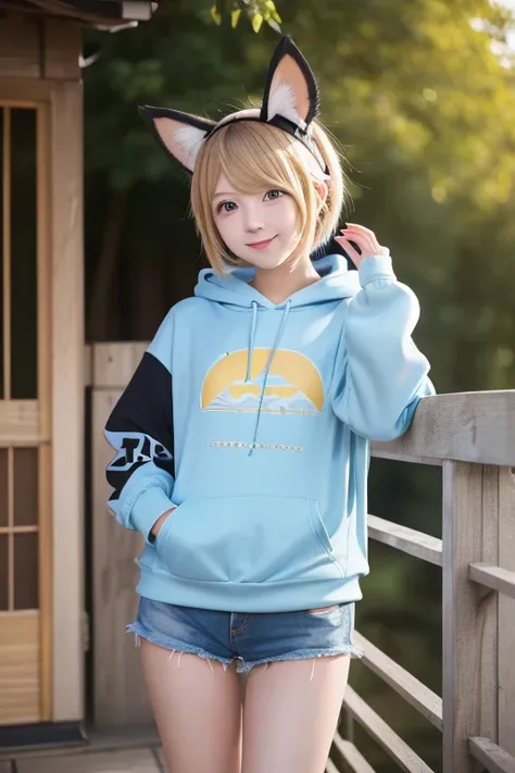 (masterpiece), ( top quality ), ( illustration), ( super detailed ), ( high res),  absurd,  One Girl , (Kagamine Rin), ( vocaloid), smile,  short hair,  hair clip, (  Hoodie with Cat Ears ), Wear a hoodie ,  Moe sleeve , ,  black shorts, ( blondes), (  lig...