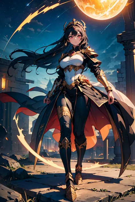 (((masterpiece, best quality, high detailed, 16k))) (1girl) A powerful and alluring goddess with long flowing dark hair, her eyes fierce yet filled with passion. She is dressed in a radiant gown that shines with the stars of the night sky, her armor crafte...