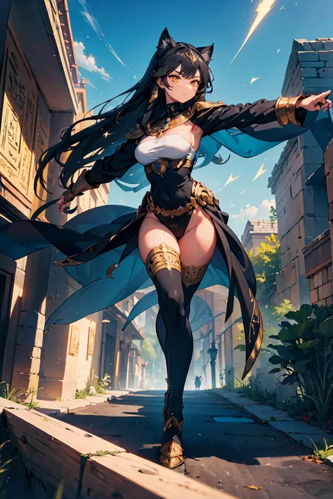 (((masterpiece, best quality, high detailed, 16k))) (1girl) A graceful warrior with feline features, her sleek black hair falling to her shoulders, eyes glowing golden like a cat’s. She wears golden armor with elegant Egyptian motifs, adorned with sharp, c...