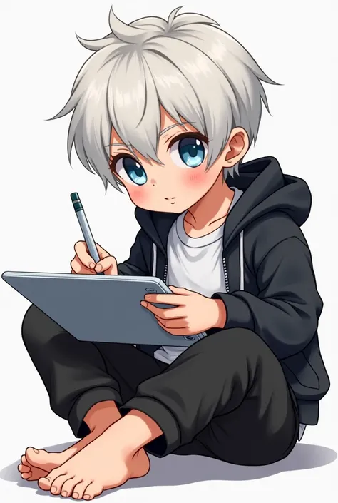  A cute boy is drawing on a tablet..， holding a pen in his right hand ，show your feet,ángulo bajo，correct legs ， five toes ，barefoot,  focus on foot , white t-shirt ,  black hooded jacket,  There are bangs between the eyes , short hair, light white hair,  ...