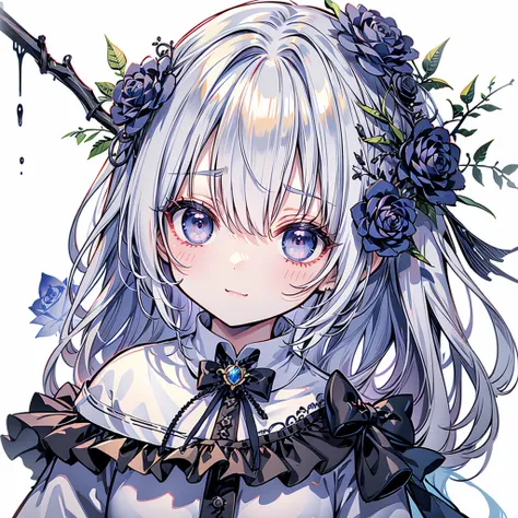 1gir( pretty face、Baby Face、Chibi、 cute、 cute死神、 milky white to rose gradation hair color、Hairstyle with bangs raised up 、 big eyes、 white skin、 best smile 、White eyelashes、 black sailor suit 、（Holding a scythe：1.3））、quality(最高quality、 Highest Masterpieces...