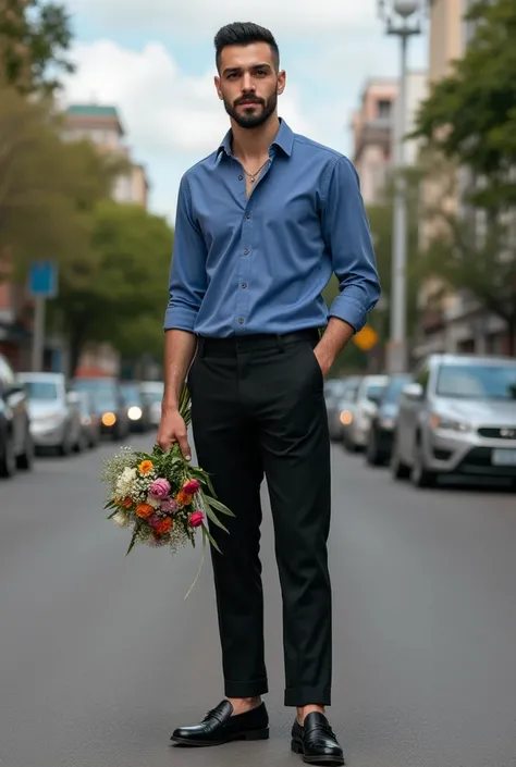 Remote view full body . Lletgett ,  25 years,  firefighter with black hair buzz cut style,  brown eyes,  shiny white skin ,  short profiled beard ,  wearing a wedding ring . Dressed in black pants to dress , Blue shirt and elegant black shoes hold a bouque...