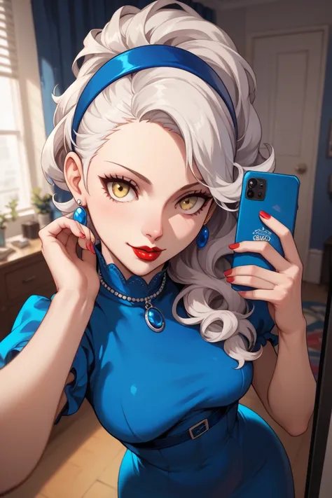 Margaret from persona 4, long platina/white hair in a long messy ponytail, yellow eyes, blue hairband, selfie,masterpiece, high quality, velvet room, blue dress, red lipstick