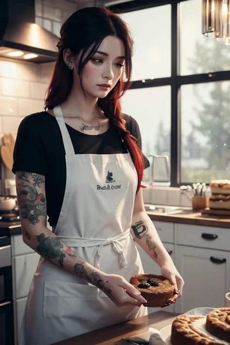 Tattooed woman, (([red|black] hair)), long hair, wearing a black apron,  cooking,  Watch Viewers , kitchen, Cakes and pies in the background,  indoor, (Sound of Peace :1.0), ( high res:1.25), ( art station :1.2), dramatic, ( detailed information:1.14), ( H...