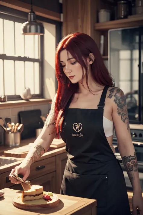 Tattooed woman, (([red|black] hair)), long hair, wearing a black apron,  cooking,  Watch Viewers , kitchen, Cakes and pies in the background,  indoor, (Sound of Peace :1.0), ( high res:1.25), ( art station :1.2), dramatic, ( detailed information:1.14), ( H...