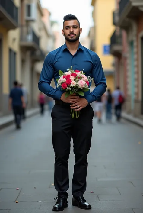 Remote view full body . Lletgett ,  25 years,  firefighter with black hair buzz cut style,  brown eyes,  shiny white skin ,  short profiled beard ,  wearing a wedding ring . Dressed in black pants to dress , Blue shirt and elegant black shoes hold a bouque...