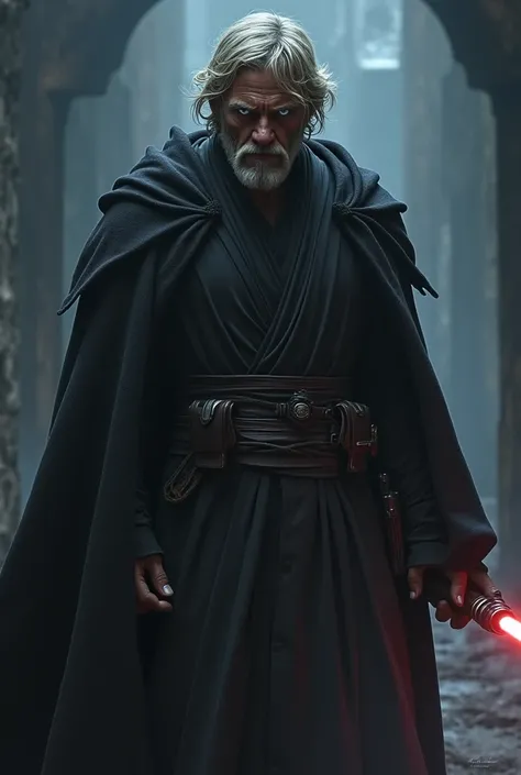  a crude and bad-faced man of a .93 with light blond hair with blue eyes wearing dark Jedi clothing with dark cape and short color