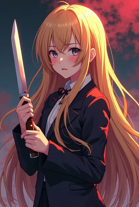 anime girl with long blonde hair holding a knife and a knife, an album cover inspired by Yuki Ogura, pixiv contest winner, process art, blonde anime girl with long hair, light novel cover art, anime girl with long hair, anime girl named lucy, anime hi-fruc...