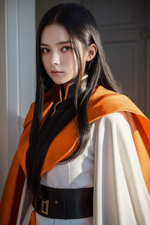  white 17-year-old girl with long black hair is wearing a military uniform,  Orange Cape , Big hazel eyes,  Sci-fi , Dark mood, charturnerv2