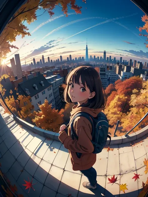 masterpiece，top quality，  high image quality，(  super flat  ，  flat shading   )，  fisheye lens，Overlooking the city in autumn from the park garden，Girl carrying a backpack on the side of a skyscraper ，autumn leaves，Snow Scene，Autumn sky，dusk，   Beautiful S...