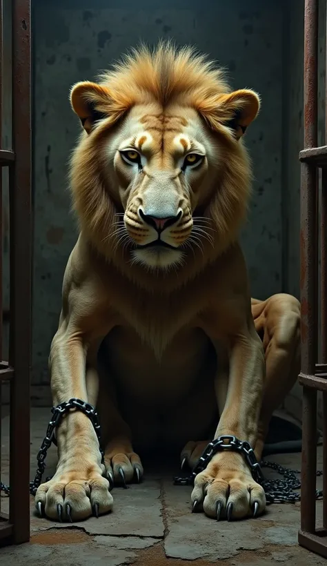 A super thin lion lying in a cramped cage and bound by chains 