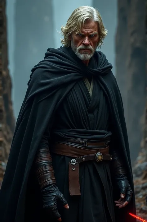  a crude and bad-faced man of a .93 with light blond hair with blue eyes wearing dark Jedi clothing with dark cape and short color