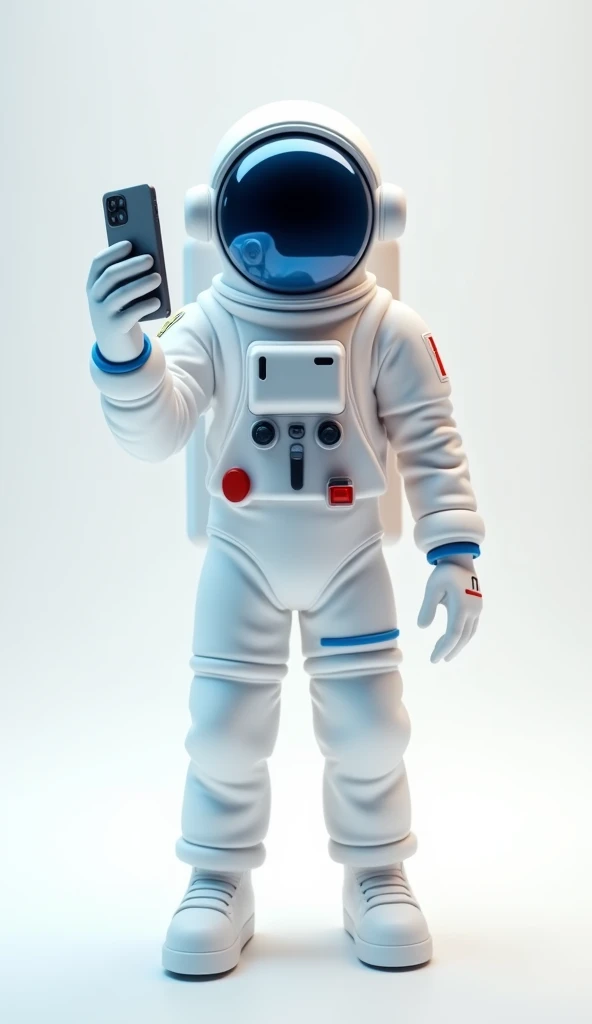 astronaut,  in front ,  full body , Disney 3D style, Bottomless,  white background, white clothing with blue and red details, HOLDING A CELL PHONE, showing to the camera , with the cell phone in the spotlight ,  moving body levitating