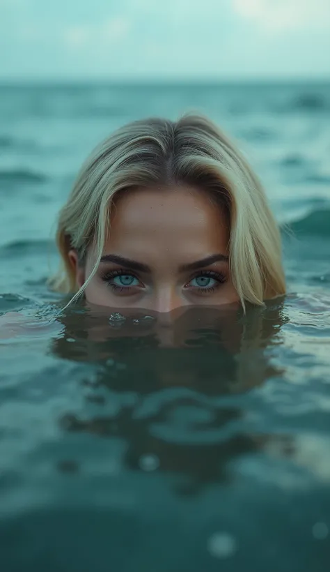 Sexy stuning blond woman in the sea with only her eyes on the water surface, cinematic, FIRST WORK, Sexy makeup