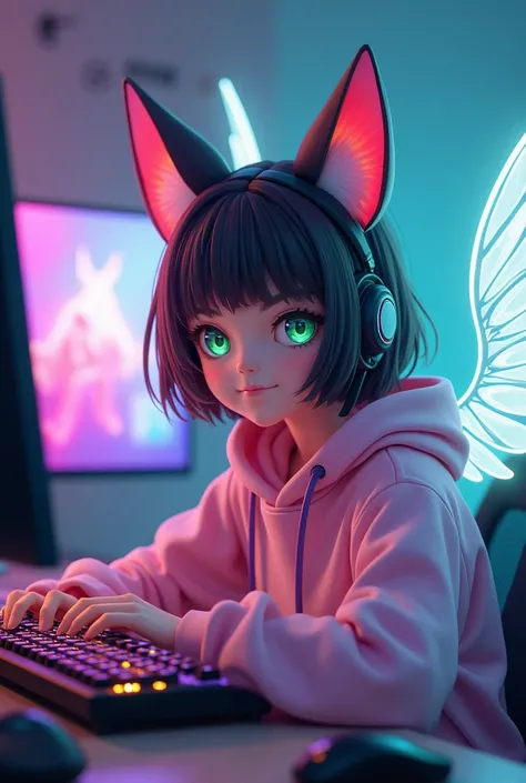 A gamer girl with fox ear, his eyes colour is lite green, and his and his age is 20 years , and he wear a lite pink colour hoodie with white colour wings and his background is gaming pc