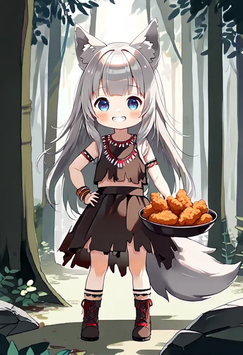 (masterpiece, best quality),(delicate illustration), ((beautiful:1.3)), one girl,(small girl,little,ultra cute kawaii:1.6),
grey hair,messy long hair,blue eyes,dark skin,wolf ears,wolf tail,(savage tribe clothes,barbarian),(torn:1.1),standing,grin,hands on...