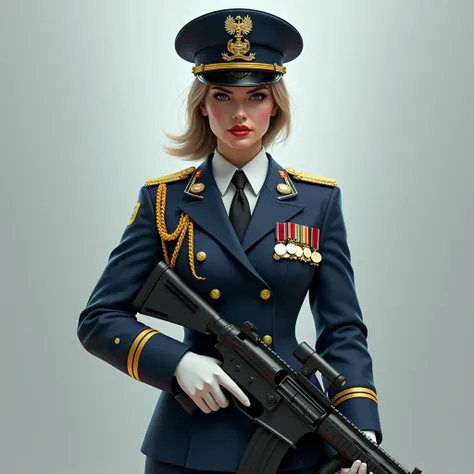 A female high-ranking Army officer in her uniform navy blue, white, and gold and decorated with medals. Imposing, dominant, sexy, subtle anger. NOT TOO CARTOON LIKE. With a hightech rifle