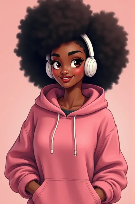 Dans cette version animée, la femme avec sa pose cool et amusante est encore plus marquante avec ses cheveux afro curly. Sa chevelure noire, volumineuse et bouclée, est pleine de texture et de vie, créant un joli contraste avec le rose de son sweat à capuc...