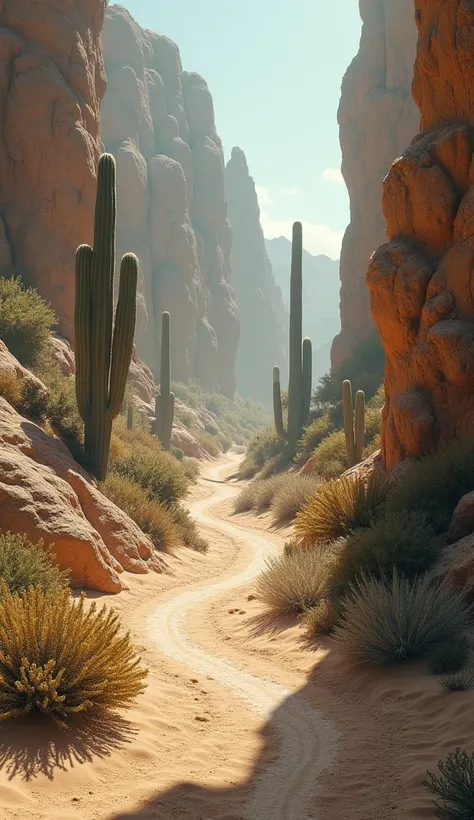 " A sinuous desert path ,  symbolizing an unknown journey, with rocks and cacti surrounding ."