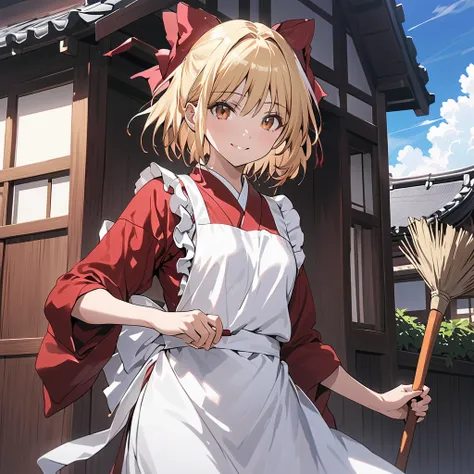 ( Perfect Anatomy), ((32K)), (( top quality )), ((超 high res)), (( high res)), ((超 high res)), ((Highly detailed CG)) , One Girl 、hisui kohaku, kohaku (Tsukihime),smile, short hair, bow,blonde hair,blue hair bow,  orange eyes , small breasts,red kimono,Whi...